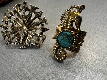 Harlow House Peacock Ring And Seahorse Ring Gold Tone