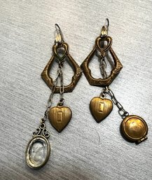 A Pair Of Dangling Hearts, And Crystal Cameo Earrings