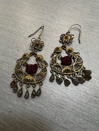 Pair Of Gold Tone Filagree And Dangling Stone Earrings