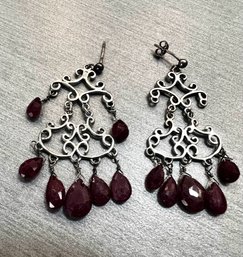 A Pair Of Sterling Silver Hanging Earrings ~ Missing Two Garnet Stones See Pictures