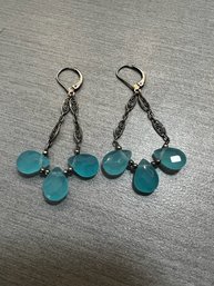 Semi Precious Turquoise Colored Stones And Sterling Silver 3 Drop Earrings