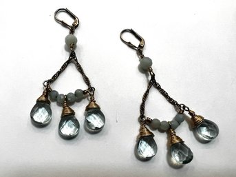 Light Blue Semi Precious 3 Drop Earrings With Sterling Silver French Backs