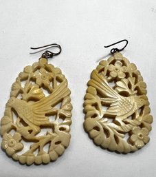 Epic Carved Ivory Like Earrings With Birds