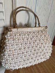 Creamy Summer Woven Rattan Like Bag With Gold Tone Handle