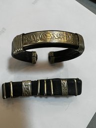 2 Leather And Silver Engraved Bracelets
