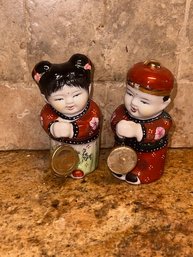 A Pair Of Chinese Lucky Golden Couple Jintong Boy Juno Jade Girl Porcelain Figurines