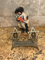 Vintage Chassidic Man With Shabbat Candle Holder In Brass