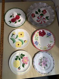 A Group Of Fruit And Floral  Plates, One In Aluminum With Handle Various Maker!