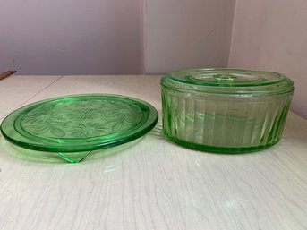 Fantastic Depression Glass Cake Plate And Uranium Covered Oval Dish