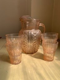 Pink Depression Glass Pitcher And 4 Glasses