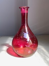 Etched Cranberry Crystal Vase Small Chip At Top