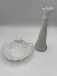 Opaline Candy Dish And Milk Glass Bud Vase