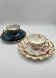 A Pair Of Derby China And Weimar 3 Piece Sets Tea Cups And Saucers