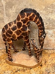 Hand Painted Wooden Sculpture Of Giraffe With Baby