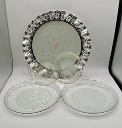 A Group Of Lace Glass Dessert /serving Platters Largest Has Ruffled Silver Colored Rim See All Photos