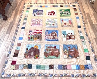SPECTACULAR Antique Quilt! Everyday Life Scenes 67 X  80 With Pins!