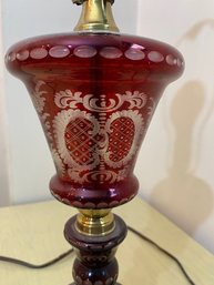 Cranberry Cut Crystal Lamp With Brass Base
