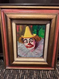 Retro Clown Painting On Canvas Framed Approx 12 X 16