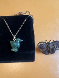 Jade Like Duck Necklace And Butterfly Pin