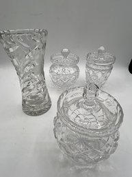 Wonderful Group Of Brilliant Crystal, Large  Vase 3 Covered Jam Jars