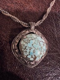 A Vintage Glass Turquoise Look And Silver Pendant On Chain (signed Miracle?)