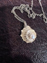 Silver Shell And Pearl Necklace