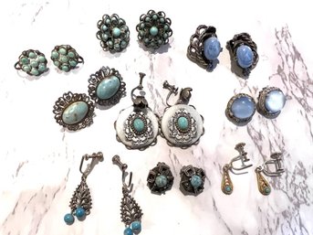 Turquoise And Blues, Many Vintage Earrings