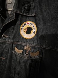 Union Bay Dungaree Jacket With Indian Motorcycle Patches, Pins Etc! Size Large