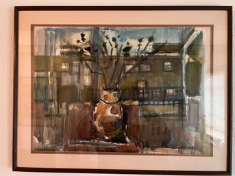 Watercolor Still Life Through The Window Signed Lower Right Corner