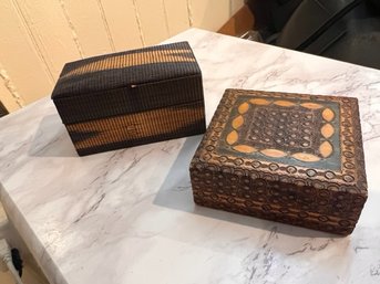 2 Boxes, One Wood Carved, One Woven Lined