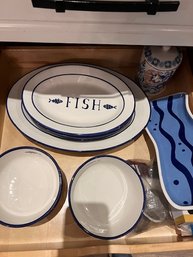 Group Of Blue And White Fish Bowls, Plates And Serving Platter