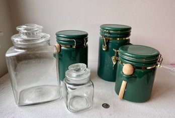 5 Canisters, Glass And Porcelain