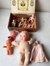 Group Of Small Dolls, Parts And GREAT Vintage Cigar Box!