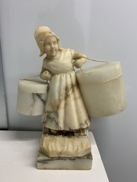 SIGNED Antique Alabaster Young Girl Carrying Containers Table Lamp
