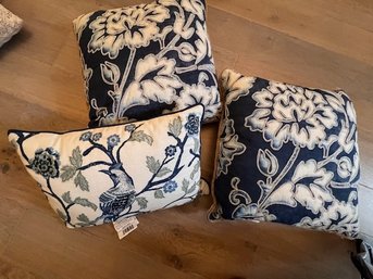 A Group Of Three Blue And White Floral Pillows Like New!