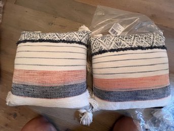 Pair Of Cotton Striped Blue And Cream Pillows