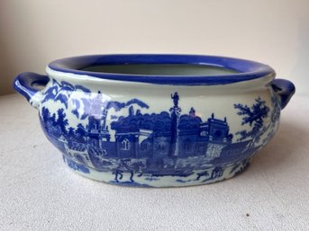 European Open Blue And White Oval Pot