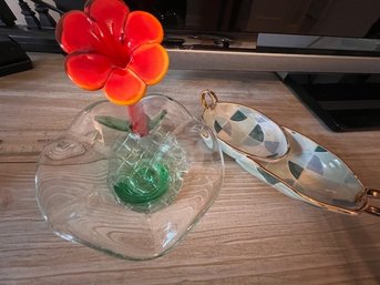 Glass Rose And Small Ceramic Dish