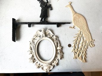 3 Metal Pieces, Frame, Peacock, And Man On A Bracket
