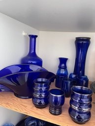 Cobalt Bowl As Is, Vase And Cups With Silver Edging, Etc