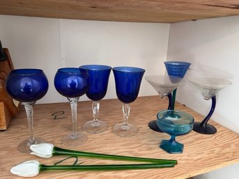 8 Goblets And 2 Glass Flowers