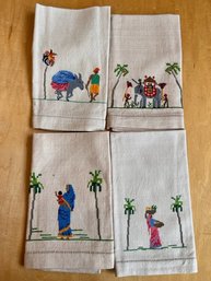 4 Vintage Hand Embroidered Linen Napkins Stunning!