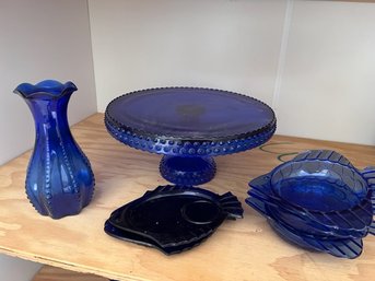 Cobalt Fish Plates, Vase, Cake Plate