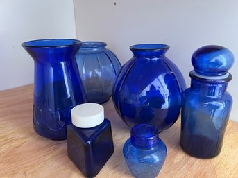6 Cobalt Vases And Jars