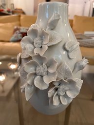 White Ceramic Floral Sculpted Vase Approx 10' Tall