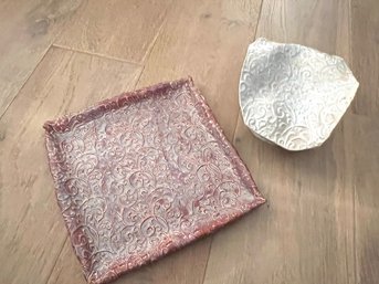 A Pair Of Ceramic Pottery Tray And Covered Dish Hand Built Signed KPF