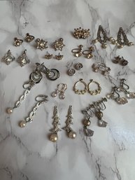 Silvertone, Rhinestones And Pearl Earrings