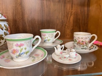 3 Tea Cup Sets  And Mini Doll House Tea Set On Tray