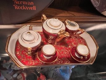 Burgandy And Gold Miniature Tea Set With Rectangular Tray