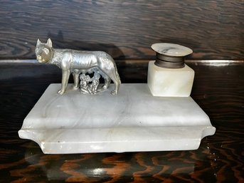 Ink Well With Wolf On White Marble Made In Roma